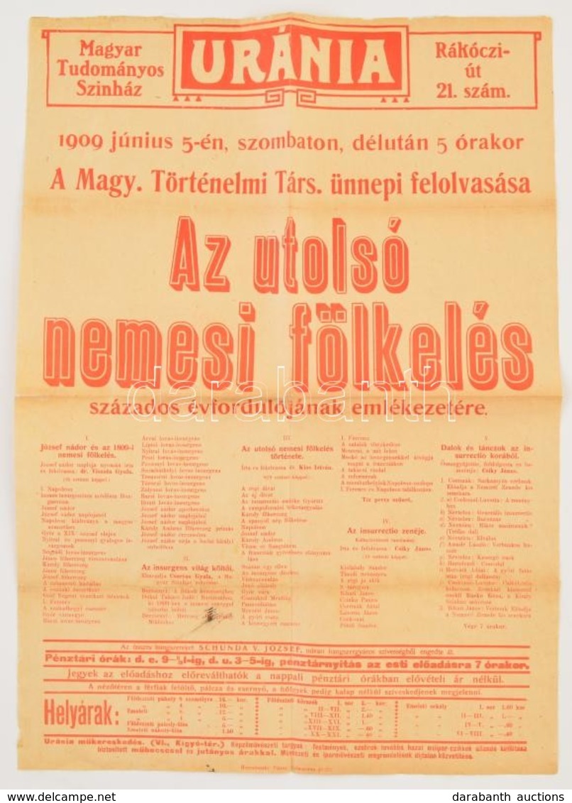 1909 Az Utolsó Nemesi Fölkelés, A Magyar Történelmi Társulat ünnepi Felolvasása, Uránia Magyar Tudományos Színház, Hirde - Sonstige & Ohne Zuordnung