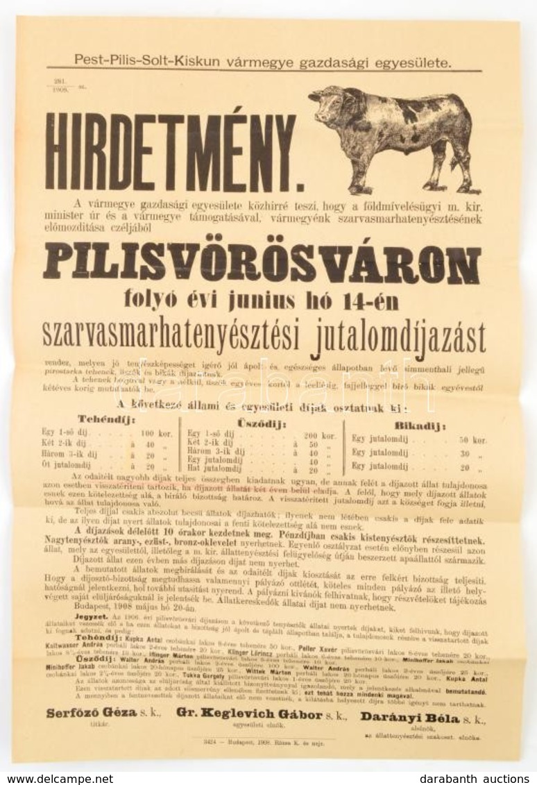 1896 Pest-Pilis-Solt-Kiskun Vármegye Gazdasági Egyesületének Hirdetménye Szarvasmarha Tenyésztési Jutalomdíjazásról 31x5 - Andere & Zonder Classificatie