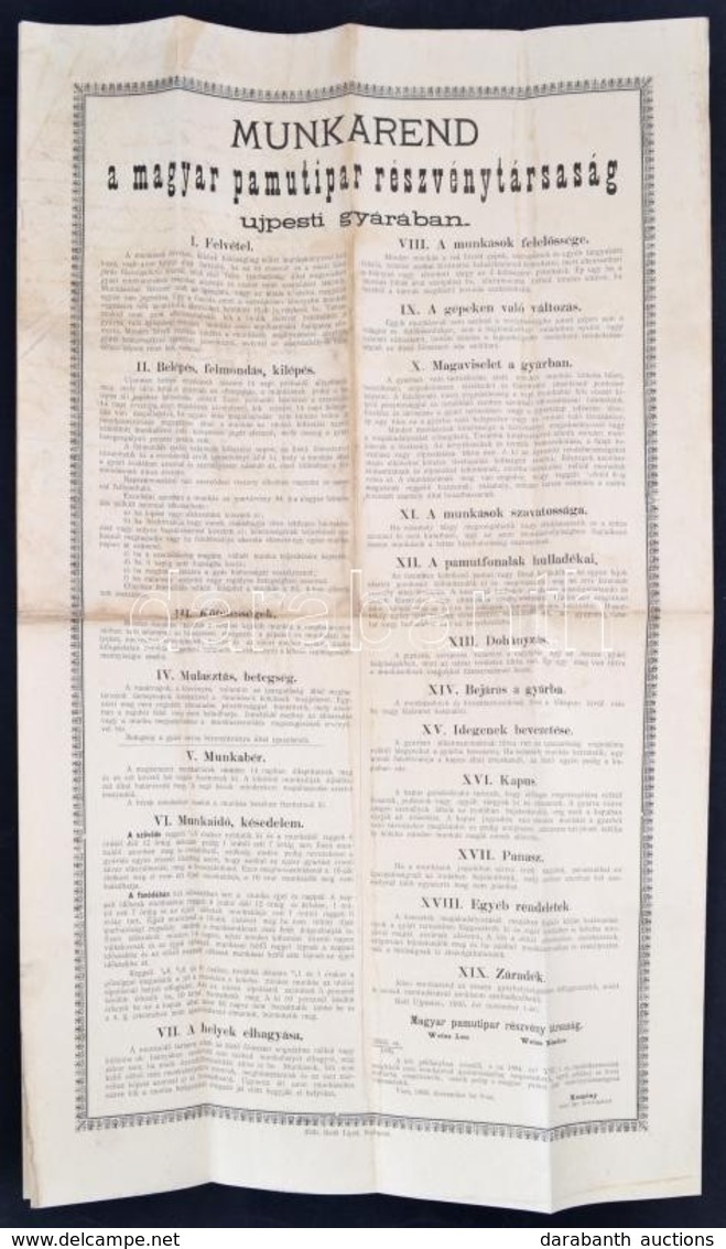 1895 Magyar Pamutipari Részvénytársaság Ujpesti Gyárának Munkarendje. Kétnyelvű 80x64 Cm - Sonstige & Ohne Zuordnung