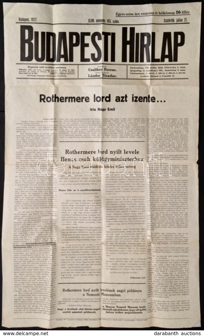 1927 A Budapesti Hírlap Hirdetménye Az Aktuális Számról, érdekes Hírekkel, Hajtott, 94×126 - Sonstige & Ohne Zuordnung