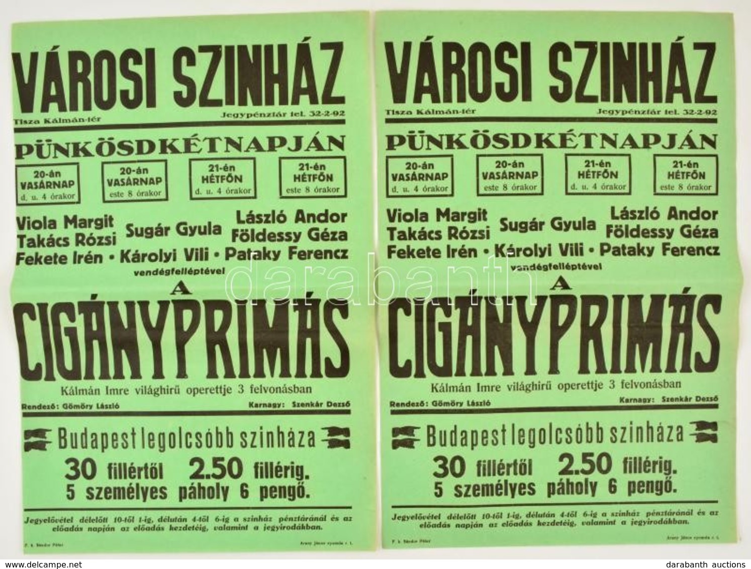 Cca 1930 Városi Színház 2 Db Műsorplakát 31x47 Cm - Sonstige & Ohne Zuordnung