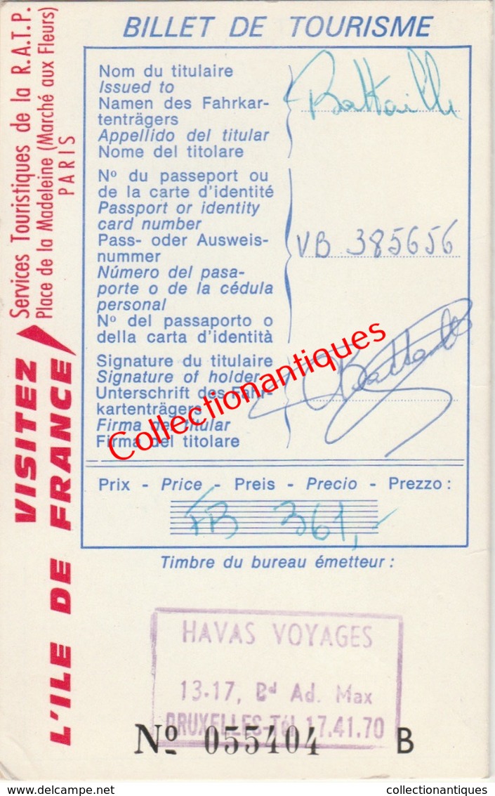 Billet De Tourisme R.A.T.P. Avril 1968 Havas Voyages Bruxelles Pour Voyager Pendant 7 Jours à Paris - Europe