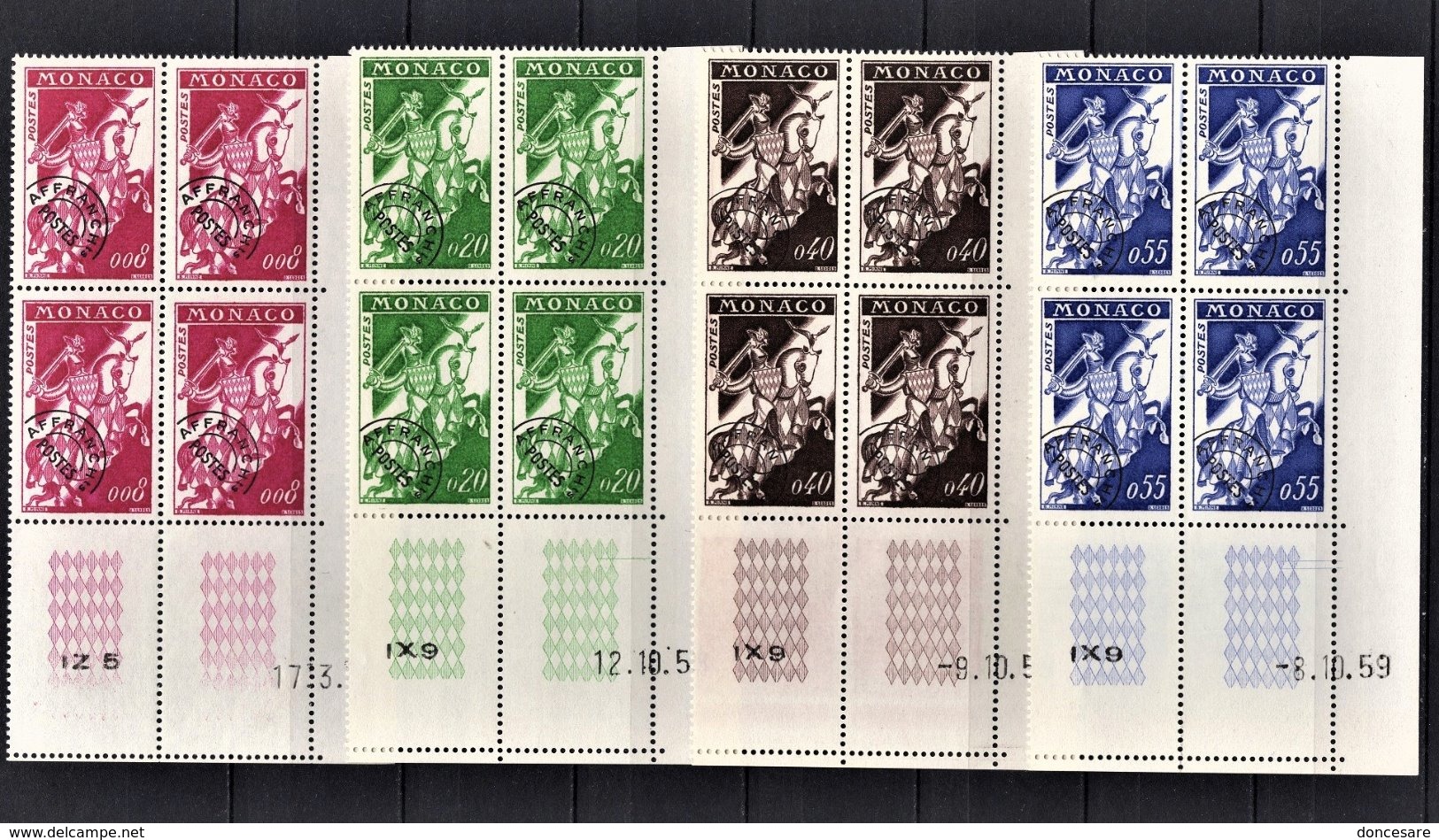 MONACO 1960 - SERIE 4 BLOCS DE 4 PREO / N° 19 A 22 - NEUFS** / COINS DE FEUILLES/DATES - VorausGebrauchte