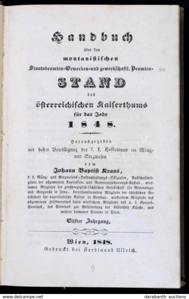 Handbuch über Den Montanistischen Staatsbeamten-Gewerken Und Gewerkschaftliche Beamtenstand Des ősterreichischen Kaisert - Ohne Zuordnung