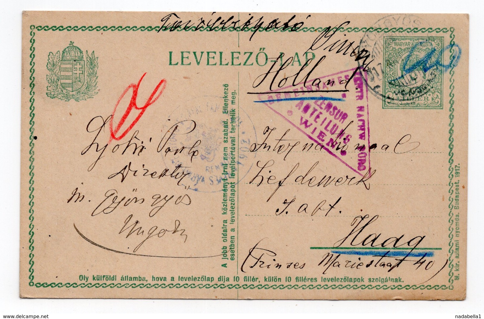 1917, WWI, HUNGARY, GYONGYOS, CENSORED, VIENNA, POW CARD TO HAAG, INTERNATIONAL HUMANITARIAN ORG. FOR WOUNDED AND POW - Postal Stationery