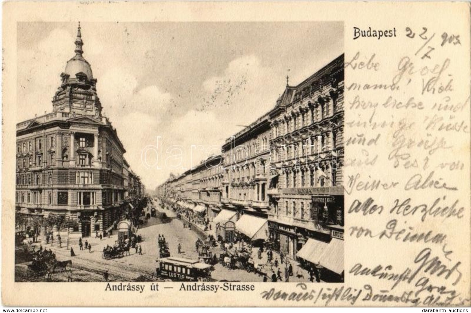 T2 1903 Budapest VI. Andrássy út, Villamos Lustig Reklámmal, Hunnia Biztosító, Deutsch Karol üzlete, - Ohne Zuordnung