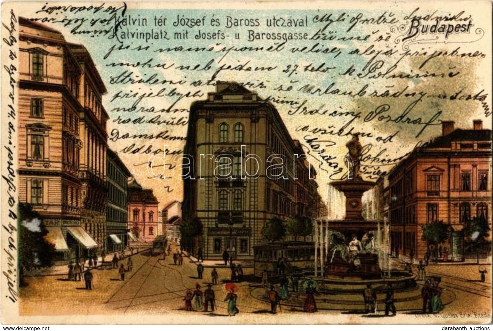 * T2 1901 Budapest VIII. Kálvin Tér, Baross Utca, Szökőkút, Gyógyszertár, Villamos. Gustav Erlel Litho - Ohne Zuordnung