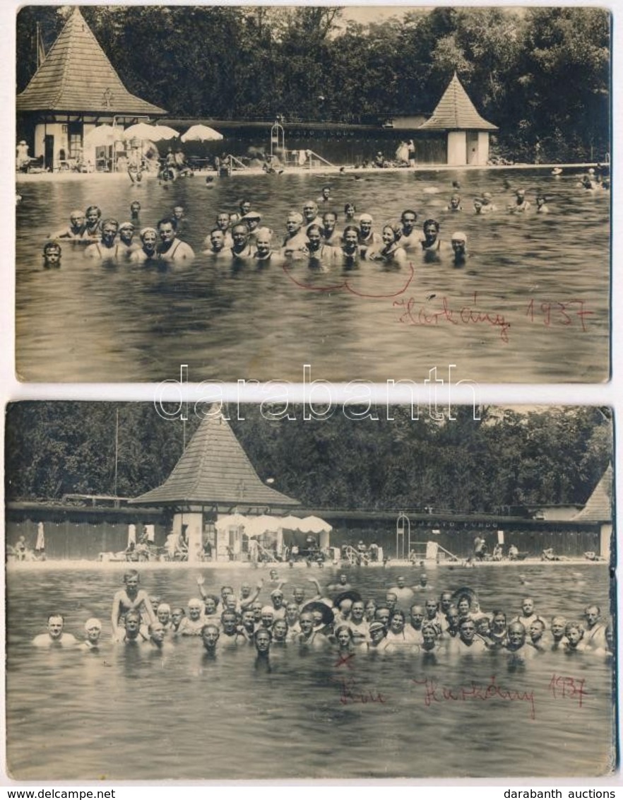 * 1937 Harkány, Lujzató-fürdő, Strand, Medence, Csoportkép - 2 Db Fotó - Ohne Zuordnung