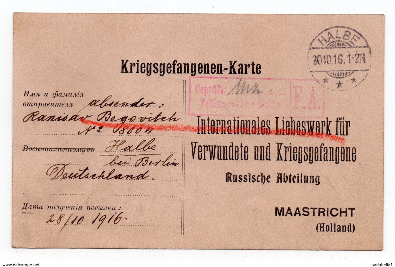 30.10.1916. WWI, GERMANY, CAMP HALBE BEI BERLIN TO MAASTRICHT, HOLLAND, POW  RUSSIAN CARD USED BY SERBIAN - Covers & Documents