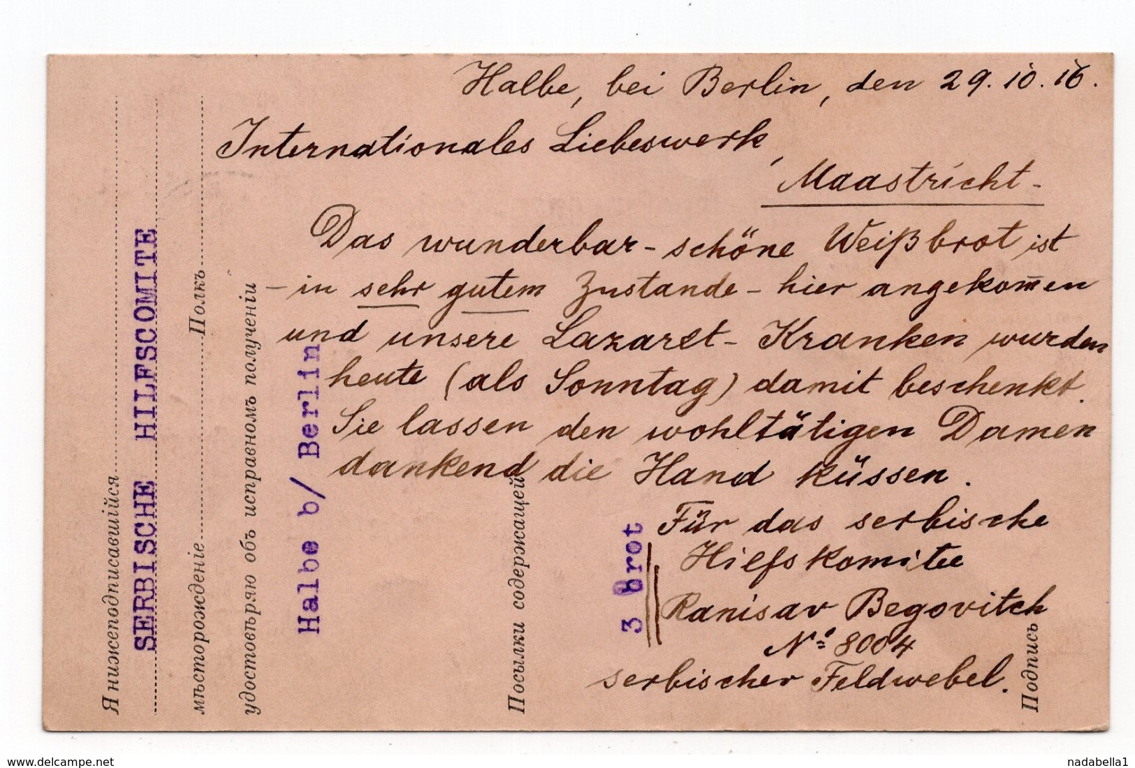 30.10.1916. WWI, GERMANY, CAMP HALBE BEI BERLIN TO MAASTRICHT, HOLLAND, POW  RUSSIAN CARD USED BY SERBIAN - Covers & Documents