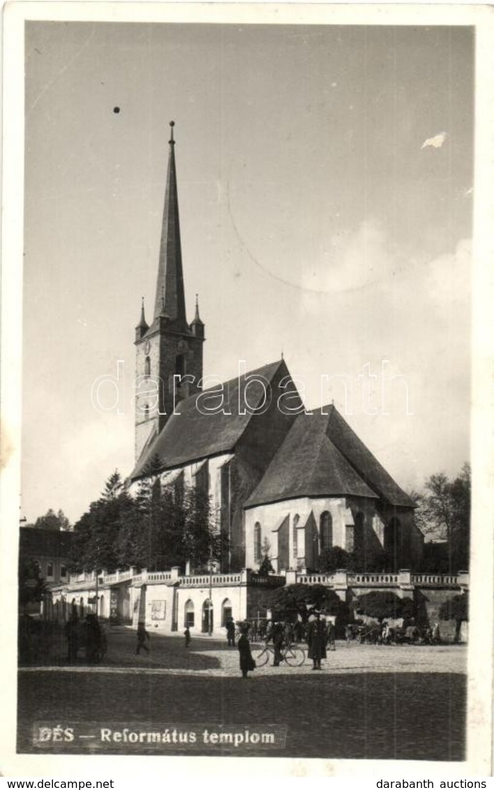 T2/T3 Dés, Dej; Református Templom, Kerékpáros / Calvinist Church, Man On Bicycle + 1940 Dés Visszatért So. Stpl. (EK) - Zonder Classificatie