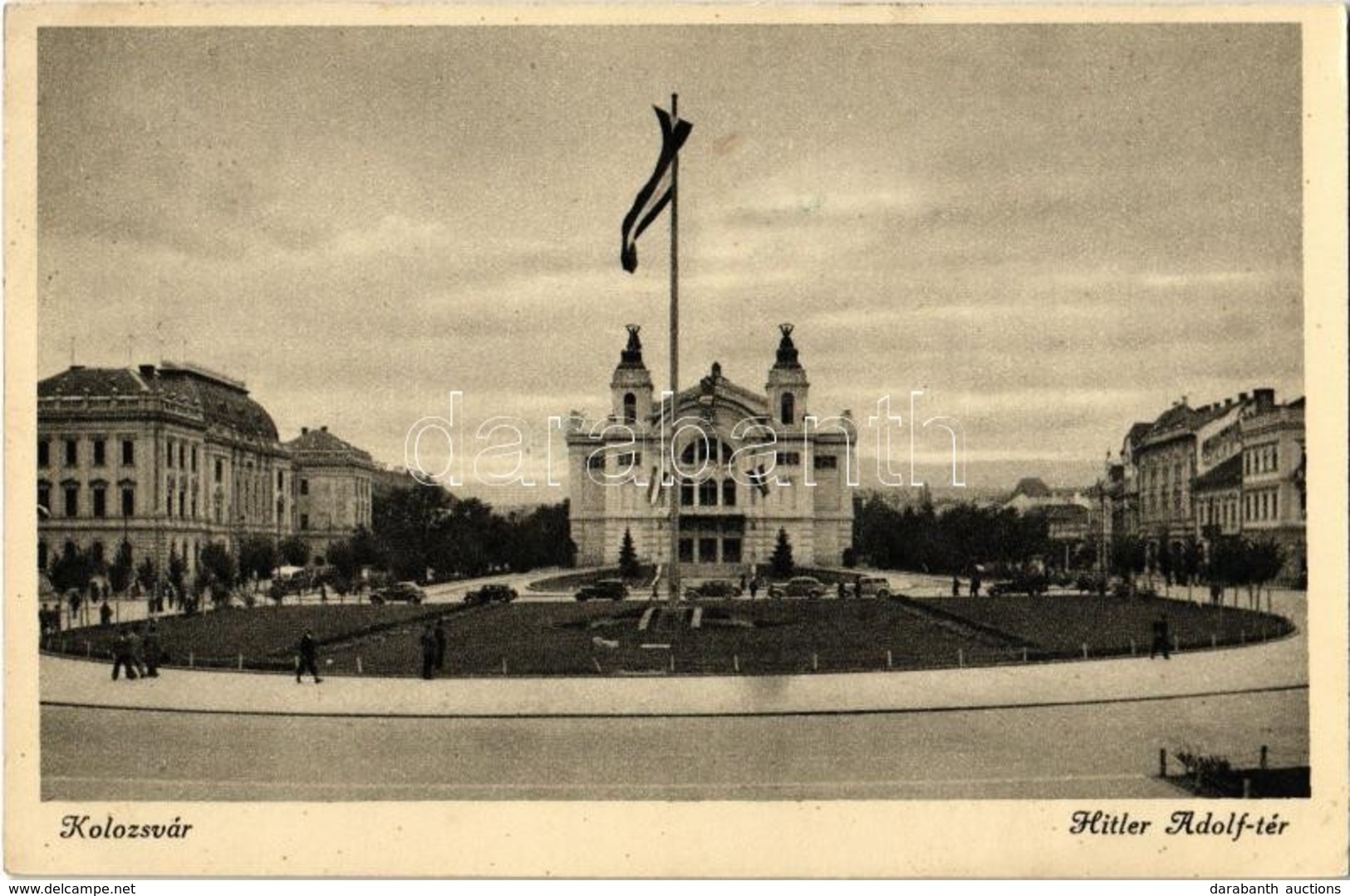 T2 Kolozsvár, Cluj; Hitler Adolf Tér, Színház Magyar Címerrel és Zászlókkal, Országzászló / Square, Theatre With Hungari - Non Classificati