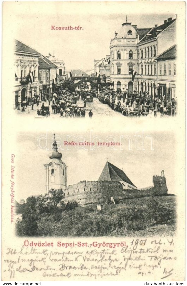 T2 1901 Sepsiszentgyörgy, Sfantu Gheorghe; Kossuth Tér, Piac Magyar Zászlókkal, Református Templom. Gere István Fényképé - Non Classificati