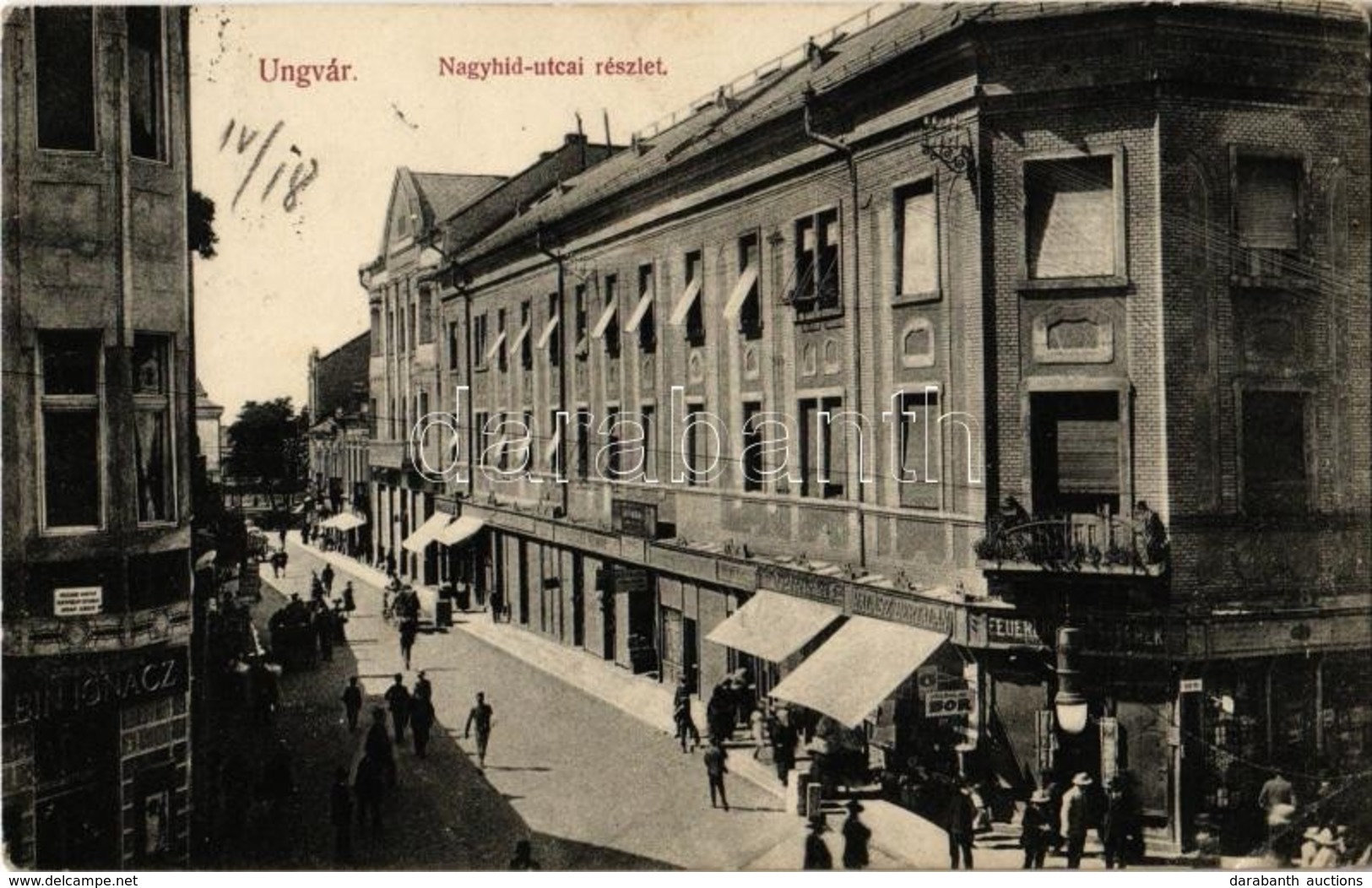 T2/T3 1912 Ungvár, Uzshorod, Uzhorod; Nagyhíd Utca,  Halász Bertalan, Feuerlicht Testvérek, Klein Ignác üzlete. Kiadja S - Ohne Zuordnung