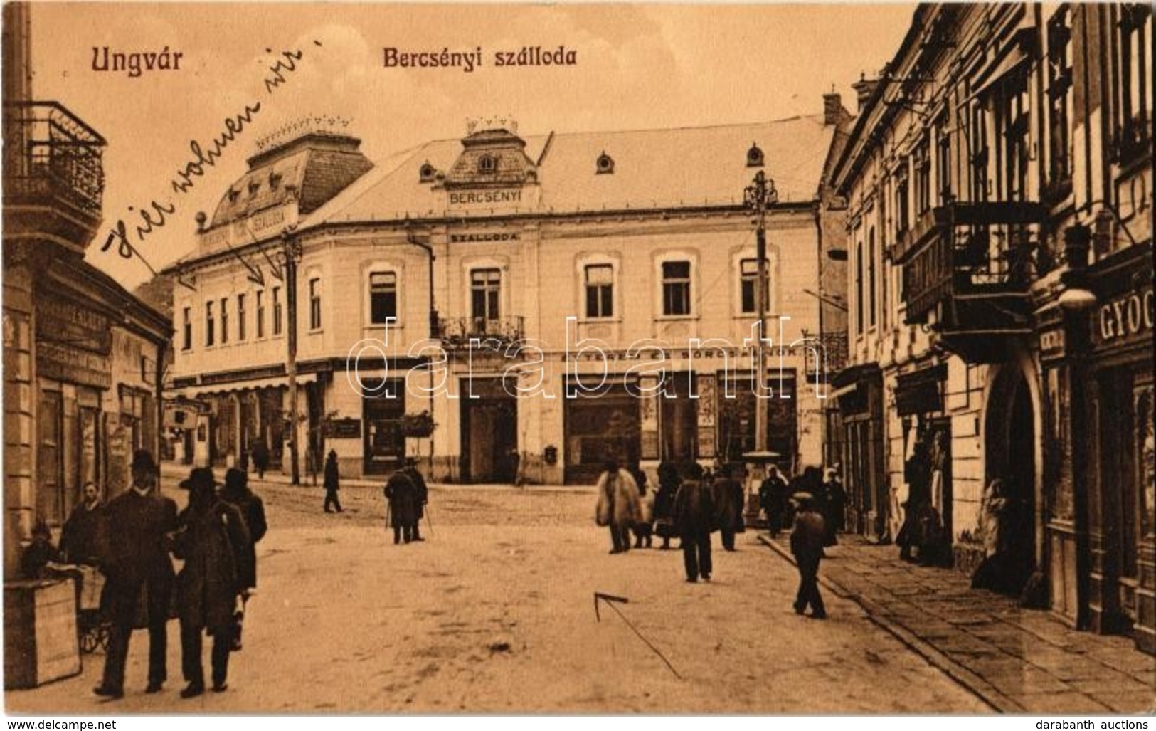 T2 1915 Ungvár, Uzshorod, Uzhorod; Bercsényi Szálloda, étterem és Sörcsarnok, Nagy Kávéház, Gyógyszertár, Schwarcz Alber - Ohne Zuordnung