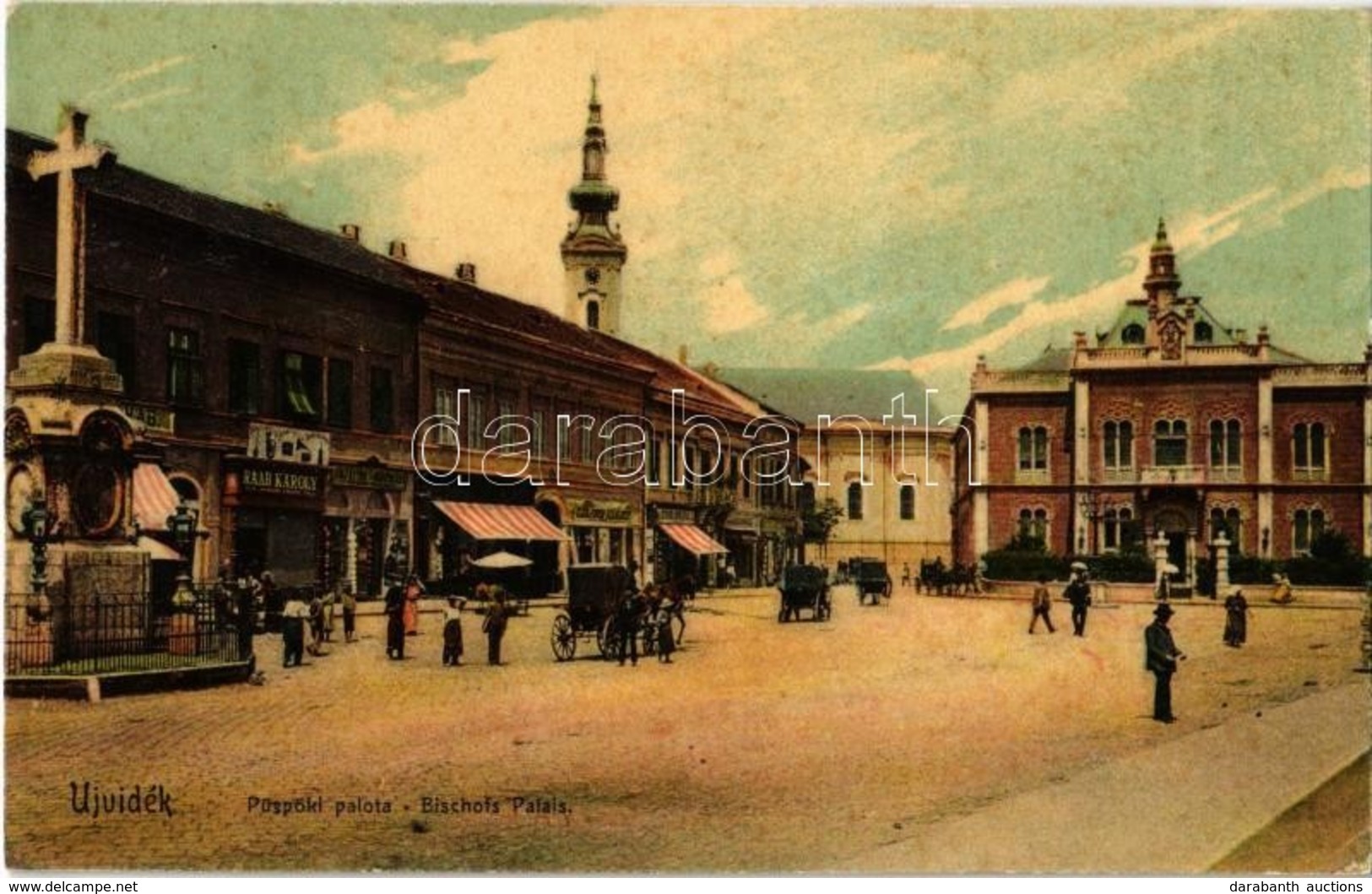 T2 1912 Újvidék, Novi Sad; Püspöki Palota, Tér, Kereszt, Raab Károly üzlete, Lovaskocsi / Square, Cross, Bishop's Palace - Non Classificati