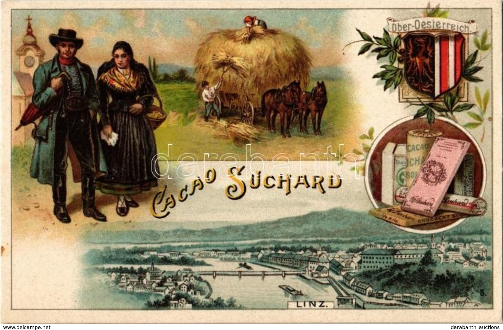 ** T2/T3 Linz, Cacao Suchard. Ober-Oesterreich / Chocolate Advertisement, Folklore. Art Nouveau, Litho (fl) - Ohne Zuordnung