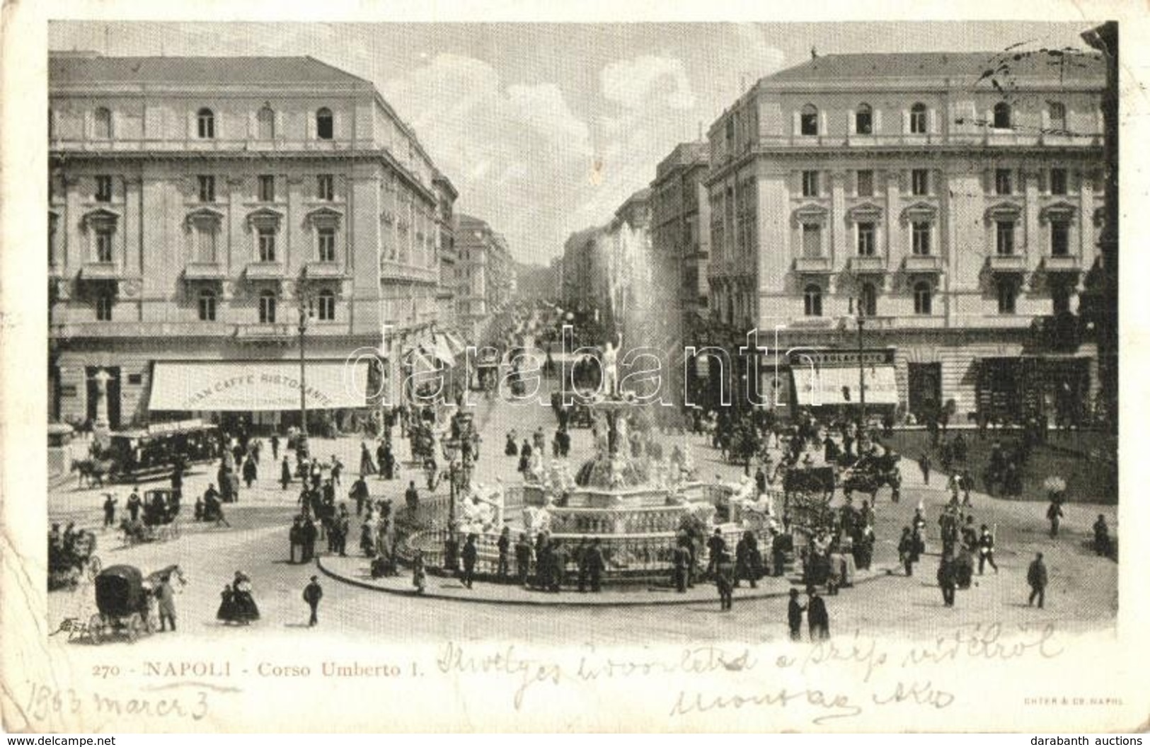 * T2/T3 1903 Naples, Napoli; Corso Umberto I., Gran Caffe Ristorante / Street, Fountain, Cafe, Shops (EK) - Non Classificati
