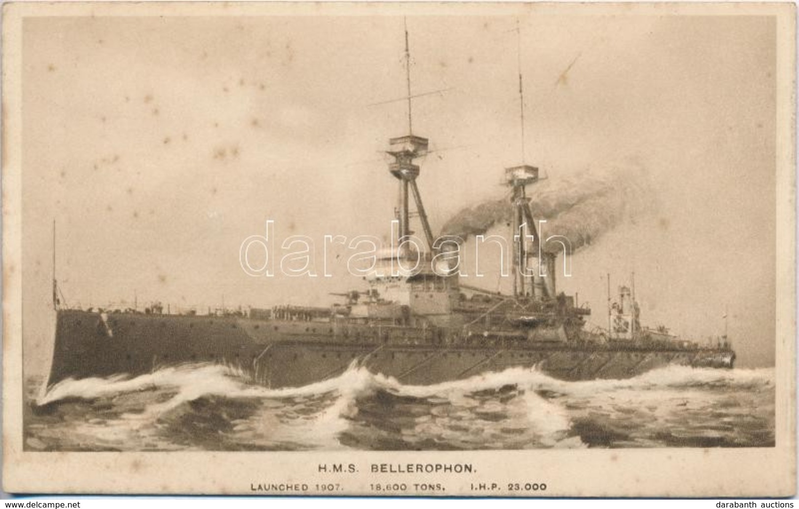 ** T2/T3 HMS Bellerophon, Bellerophon-class Battleship Of The Royal Navy. Emb. (crease) - Zonder Classificatie