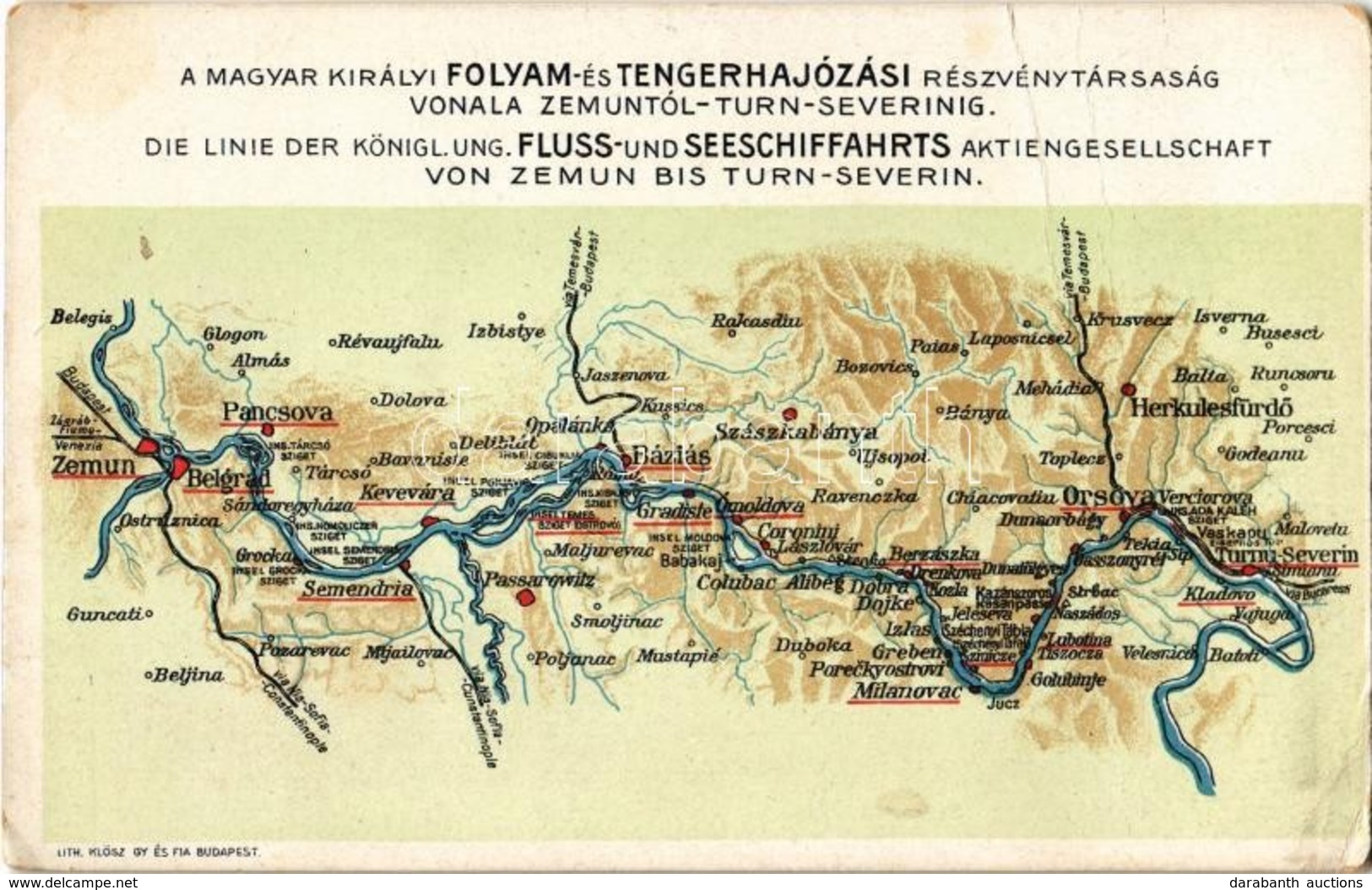 ** T3 A Magyar Királyi Folyam- és Tengerhajózási Részvénytársaság Vonala Zemuntól-Turn-Severinig; Klösz György és Fia /  - Zonder Classificatie