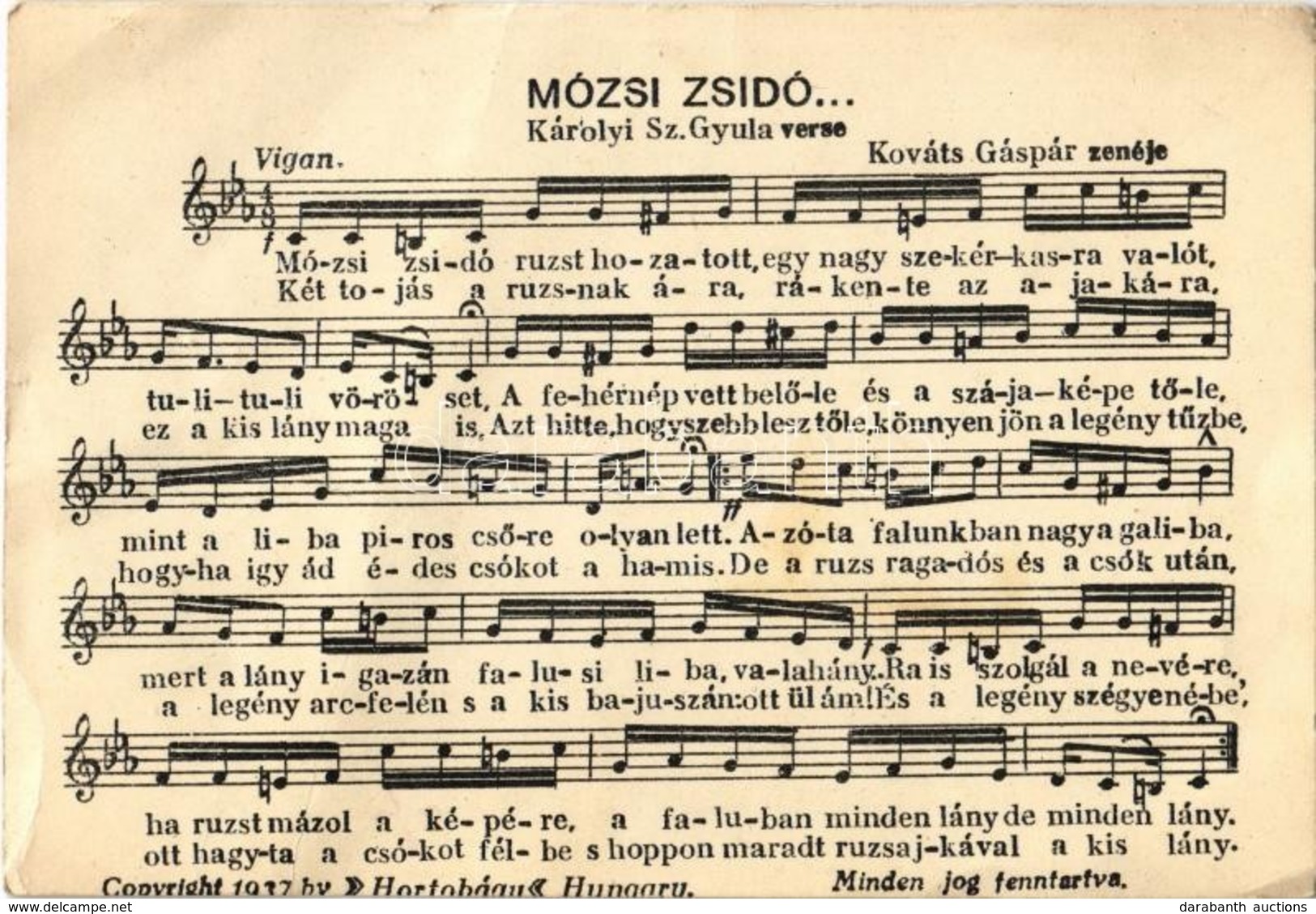 ** T3 Mózsi Zsidó... Károlyi Sz. Gyula Verse és Kováts Gáspár Zenéje. Copyright 1937 Hortobágy / Judaika Music Sheet (fa - Zonder Classificatie