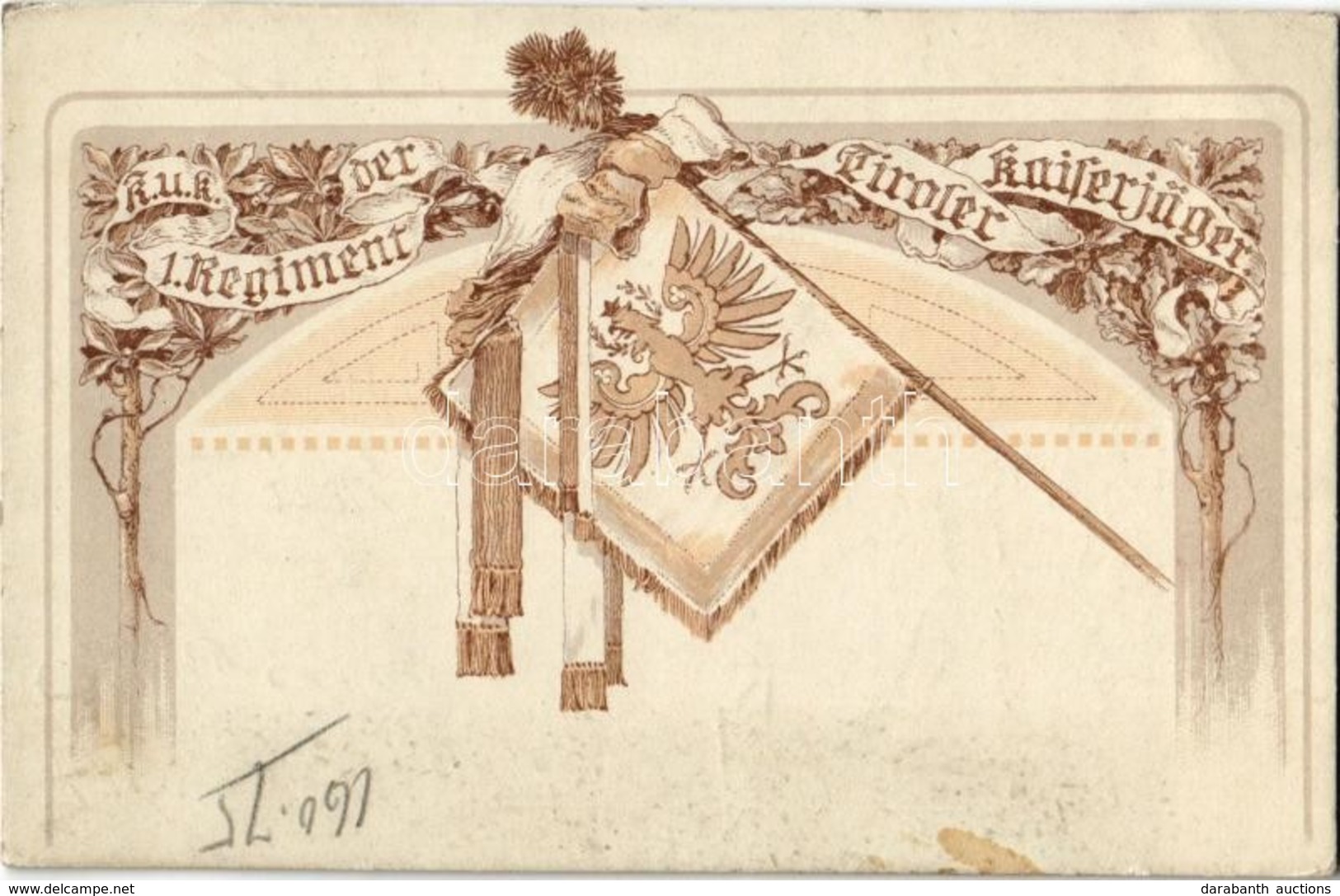 T2/T3 1918 K.u.K. 1. Regiment Der Tiroler Kaiserjäger, Flag. Art Nouveau, Litho + 'K.u.K. 1. Regiment Der Tiroler Kaiser - Zonder Classificatie