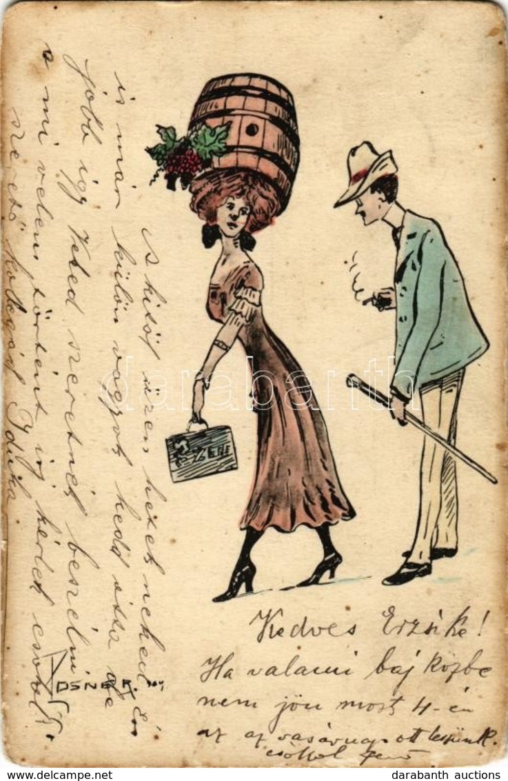 T2/T3 Lady With Barrel Hat In Her Head. Fashion Humour. K.V.T. Bp. S: Posner - Ohne Zuordnung