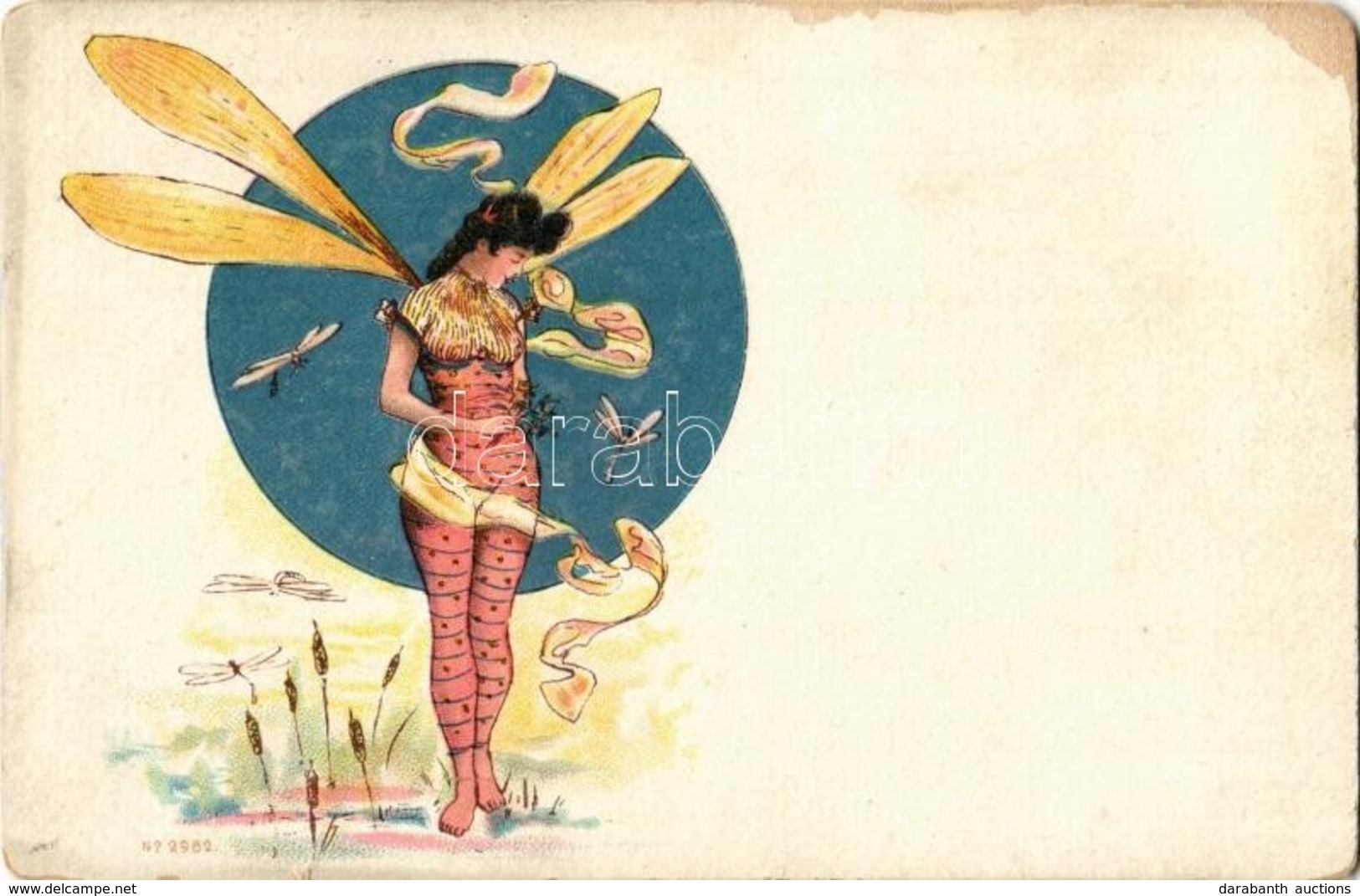 ** T2/T3 Dragonfly Lady. Art Nouveau. No. 2982. Litho  (worn) - Ohne Zuordnung