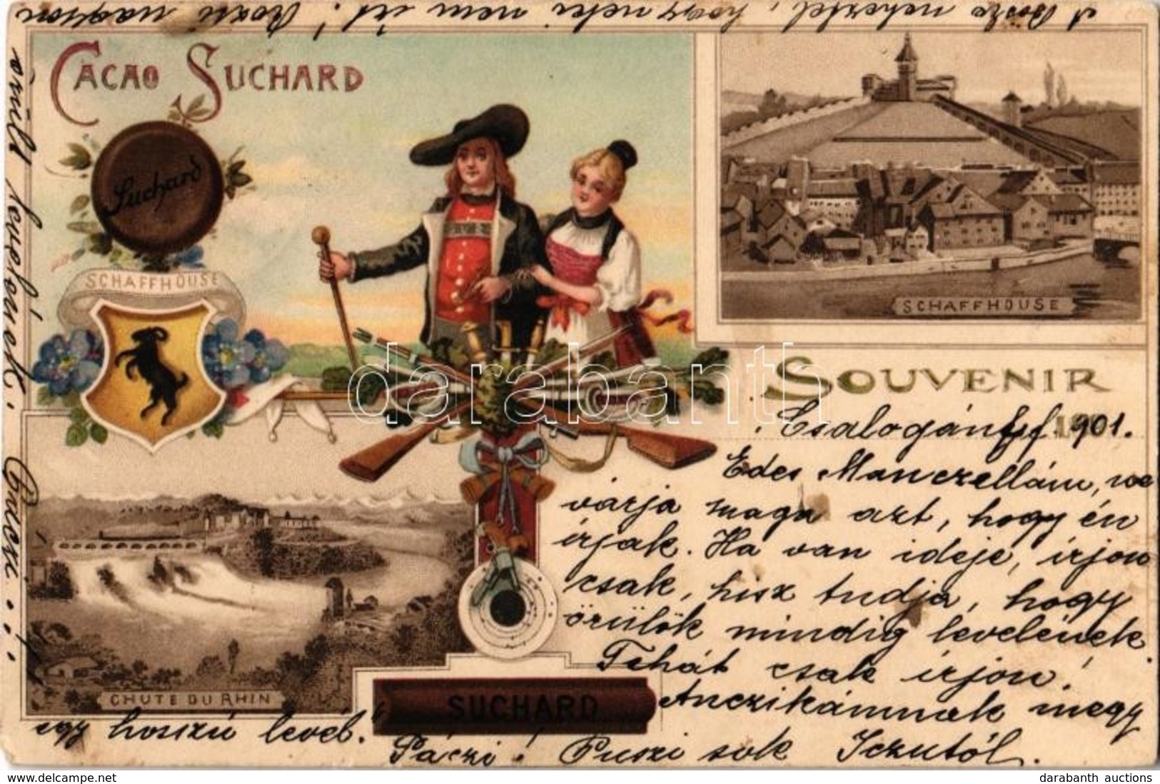 * T2 1901 Schaffhouse, Souvenir Cacao Suchard, Chute Du Rhin / Swiss Chocolate Advertisement, Coat Of Arms And Folklore. - Non Classificati