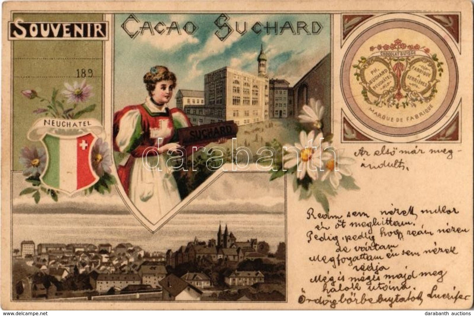 T2 1900 Neuchatel, Souvenir Cacao Suchard / Swiss Chocolate Advertisement, Coat Of Arms And Folklore. Art Nouveau, Flora - Ohne Zuordnung