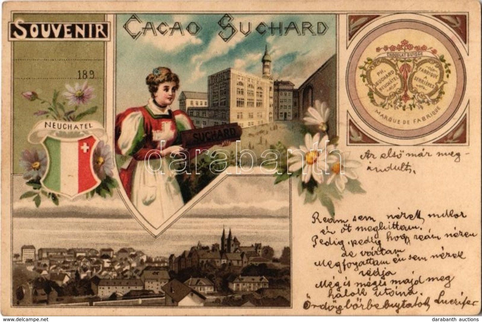 T2 1900 Neuchatel, Souvenir Cacao Suchard / Swiss Chocolate Advertisement, Coat Of Arms And Folklore. Art Nouveau, Flora - Zonder Classificatie