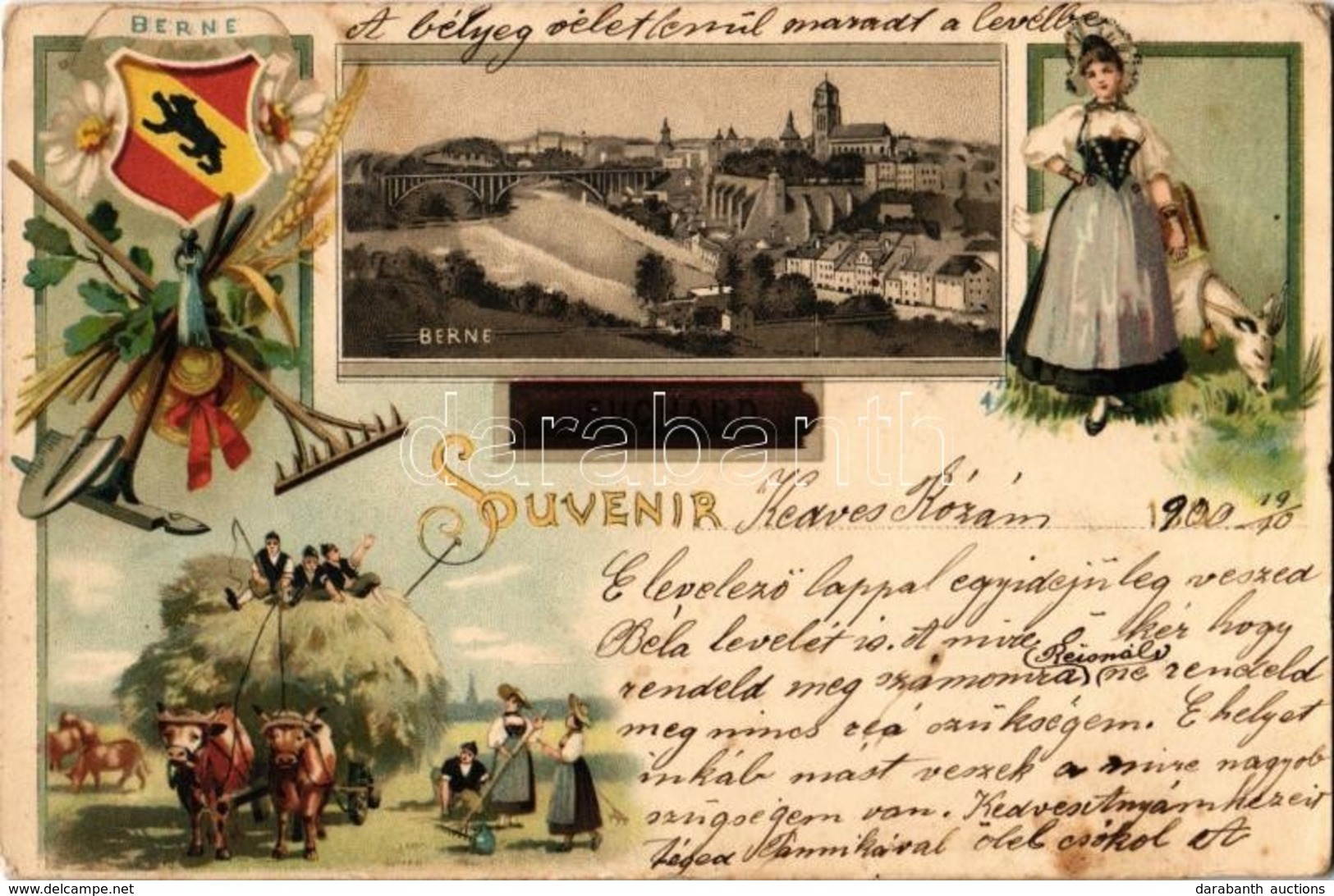 * T2/T3 1900 Bern, Berne; Souvenir. Suchard / Swiss Chocolate Advertisement, Coat Of Arms And Folklore. Art Nouveau, Flo - Ohne Zuordnung
