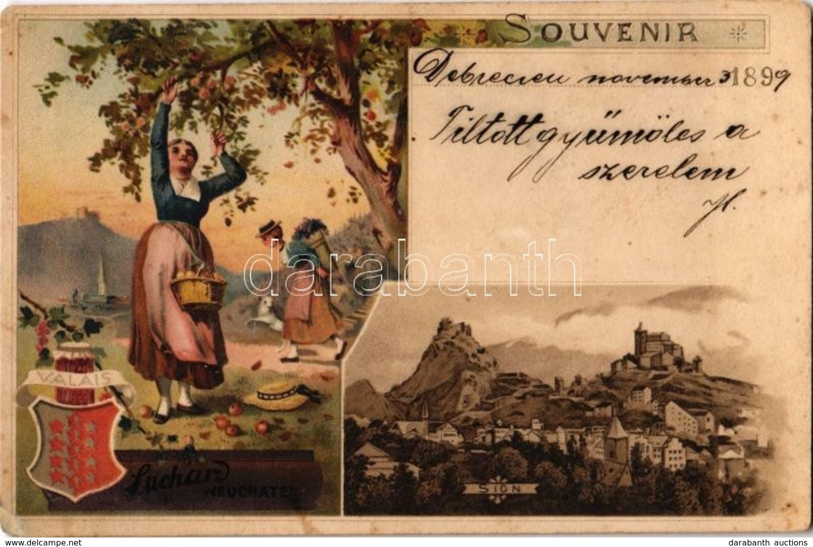 T2/T3 1899 Sion; Souvenir. Suchard Neuchate / Swiss Chocolate Advertisement, Valais Coat Of Arms And Folklore. Art Nouve - Zonder Classificatie