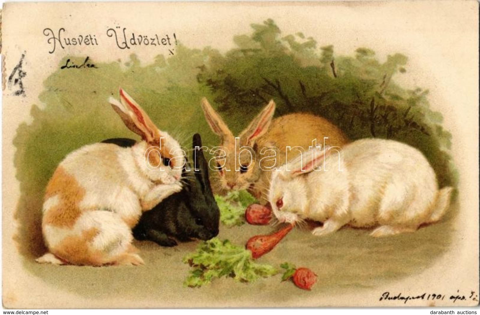 T2 1901 Húsvéti üdvözlet! / Easter Greeting Art Postcard, Rabbits Eating Carrots. Litho - Zonder Classificatie