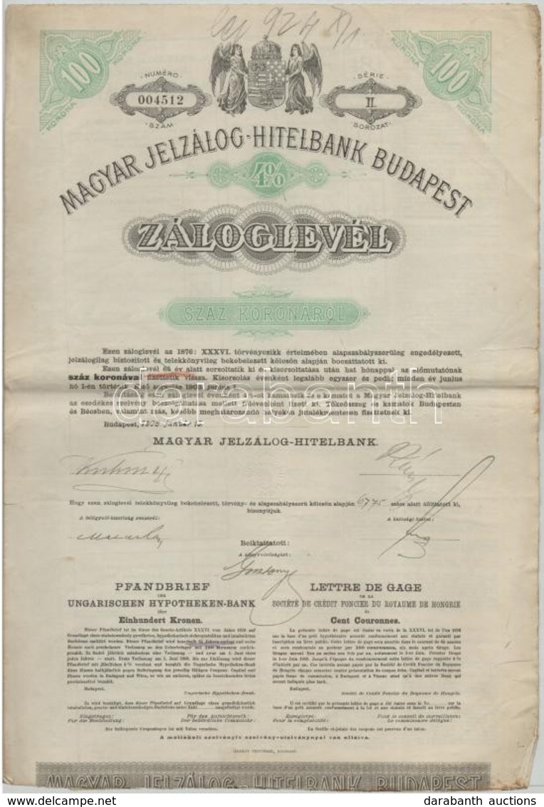 Budapest 1906. 'Magyar Jelzálog Hitelbank Budapest' 4%-os Záloglevele 100K-ról, Szelvényekkel, Szárazpecséttel T:III - Non Classificati