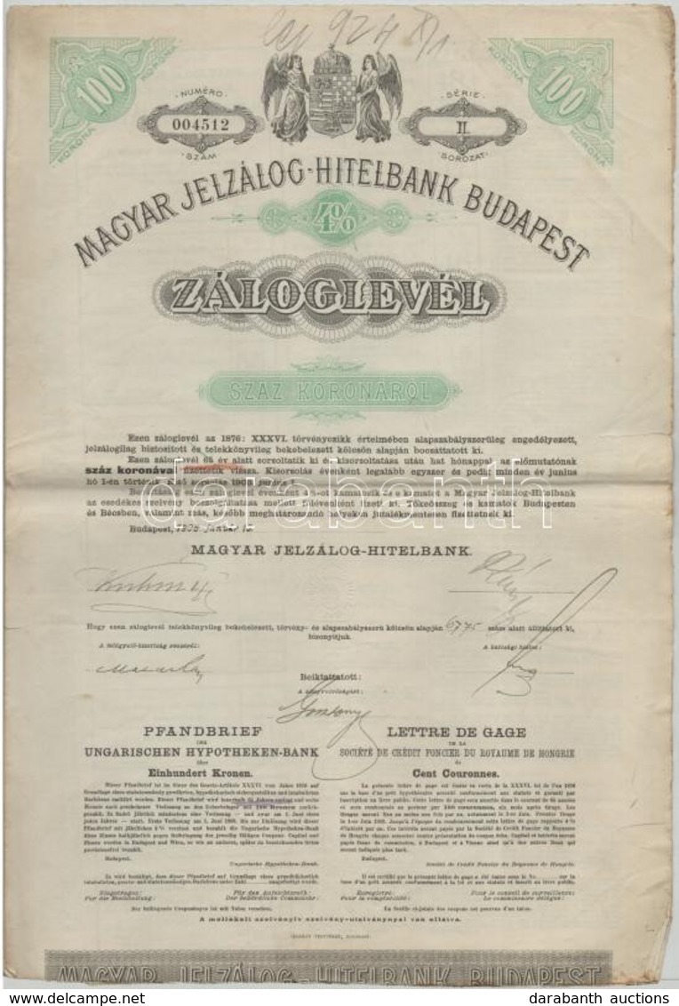 Budapest 1906. 'Magyar Jelzálog Hitelbank Budapest' 4%-os Záloglevele 100K-ról, Szelvényekkel, Szárazpecséttel T:III - Zonder Classificatie