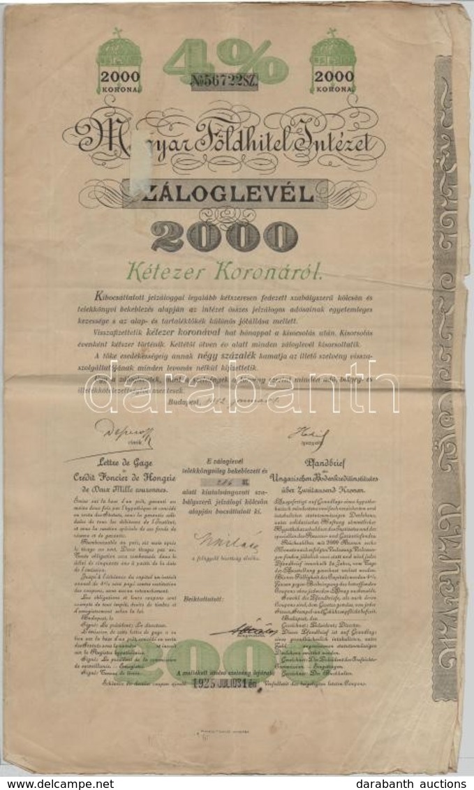 Budapest 1912. 'Magyar Földhitel Intézet' 4%-os Záloglevél 2000K-ról, Szelvényekkel, Szárazpecséttel T:III - Ohne Zuordnung