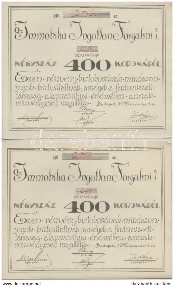 Budapest 1919. 'Az Immobilia Ingatlan Forgalmi Részvénytársaság' Részvénye 400K-ról Szelvényekkel (2x) Sorszámkövetők T: - Zonder Classificatie
