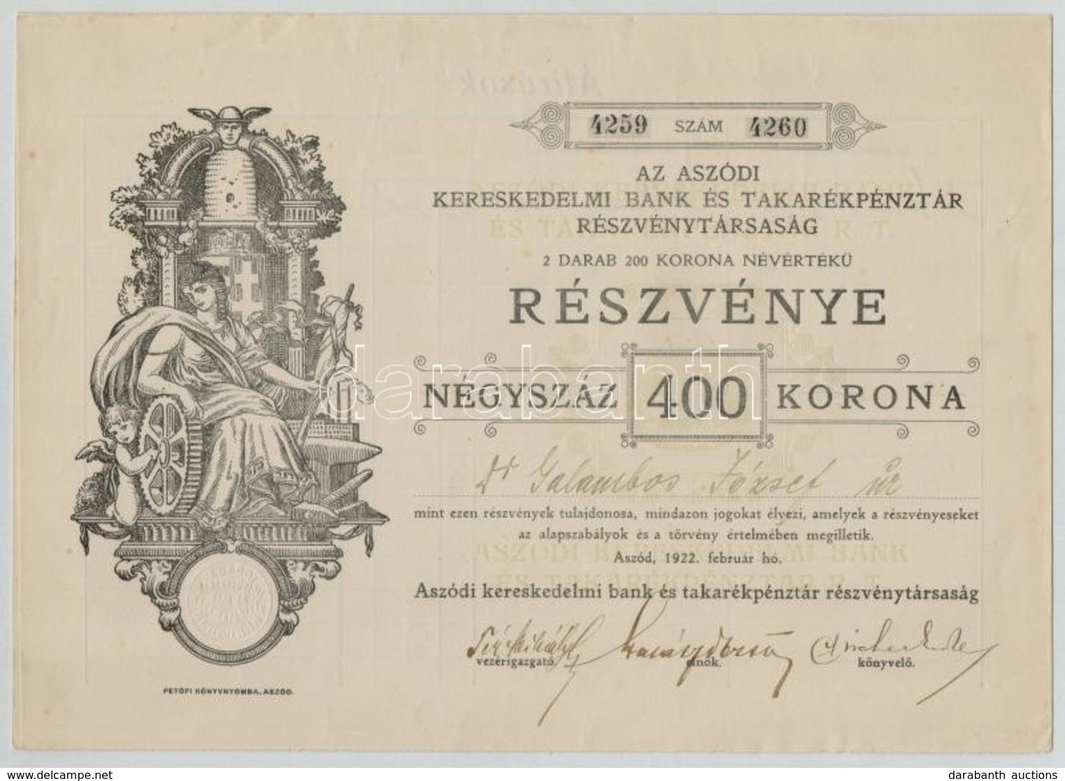 Aszód 1922. 'Az Aszódi Kereskedelmi Bank és Takarékpénztár Részvénytársaság' Két, Névre Szóló Részvénye összesen 400K-ró - Zonder Classificatie