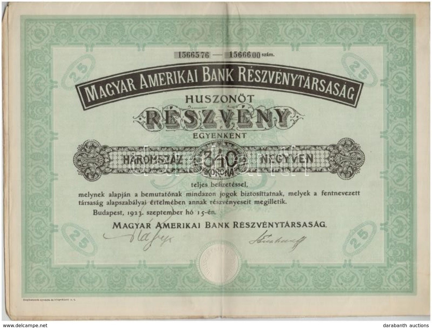 Budapest 1923. 'Magyar Amerikai Bank Részvénytársaság' 25 Részvénye Egyenként 340K-ról, Szelvényekkel és Szárazpecséttel - Ohne Zuordnung