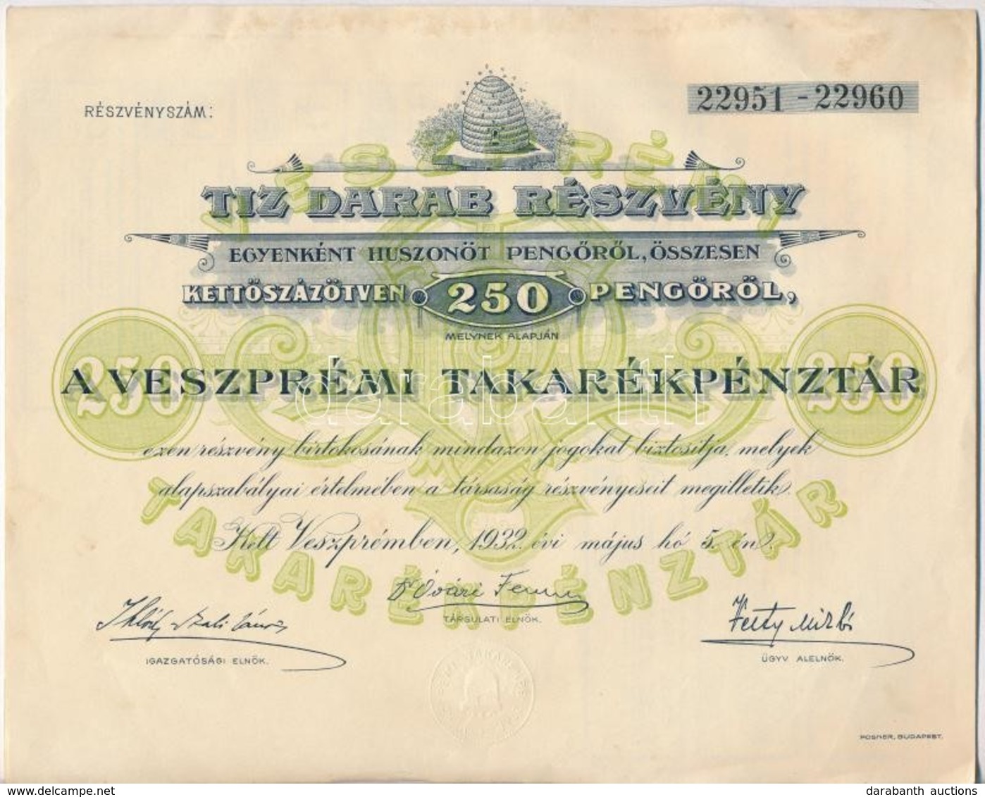 Veszprém 1932. 'Veszprémi Takarékpénztár' Részvénye 250P-ről, Szelvényekkel és Szárazpecséttel T:II - Non Classés