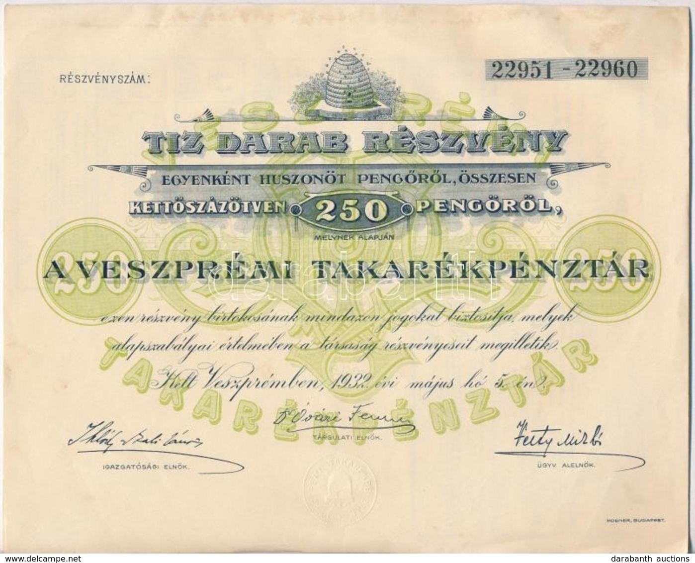 Veszprém 1932. 'Veszprémi Takarékpénztár' Részvénye 250P-ről, Szelvényekkel és Szárazpecséttel T:II - Zonder Classificatie