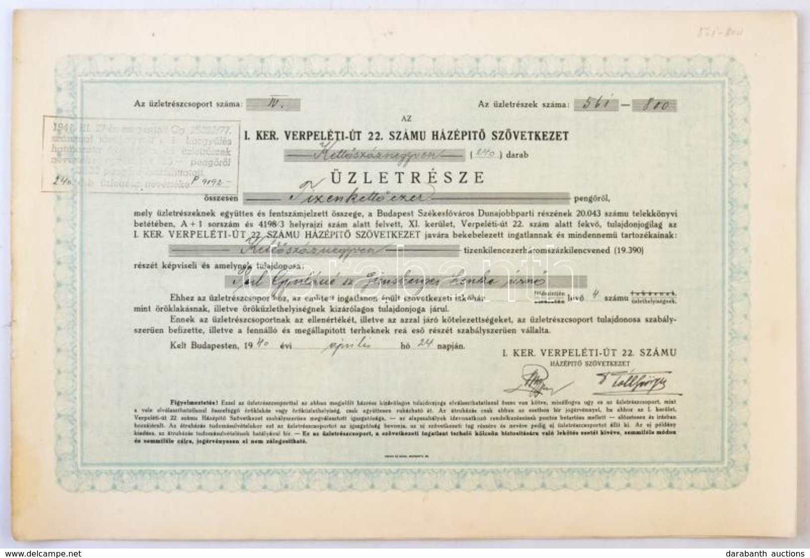 Budapest 1940. 'I. Kerület Verpeléti-út 22. Számú Házépítő Szövetkezet' 240db üzletrésze Egyben, összesen 12.000P-ről, B - Zonder Classificatie