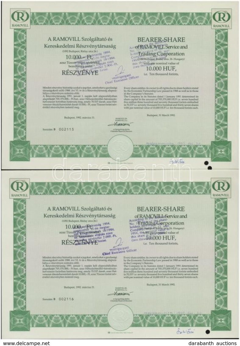 Budapest 1992. 'Ramovill Szolgáltató és Kereskedelmi Részvénytársaság' Részvénye 10.000Ft-ról (6x) Sorszámkövetők, Szelv - Zonder Classificatie