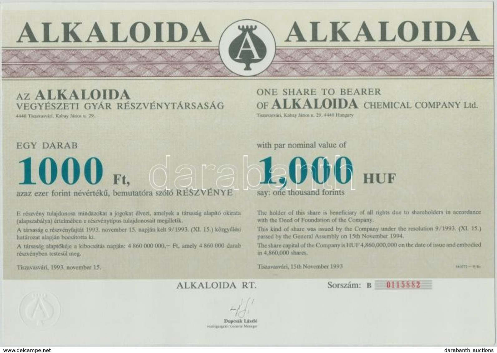 Tiszavasvári 1993. 'Alkaloida Vegyészeti Gyár Részvénytársaság' Részvénye 1000Ft-ról (2x), Sorszámkövetők, Magyar és Ang - Zonder Classificatie