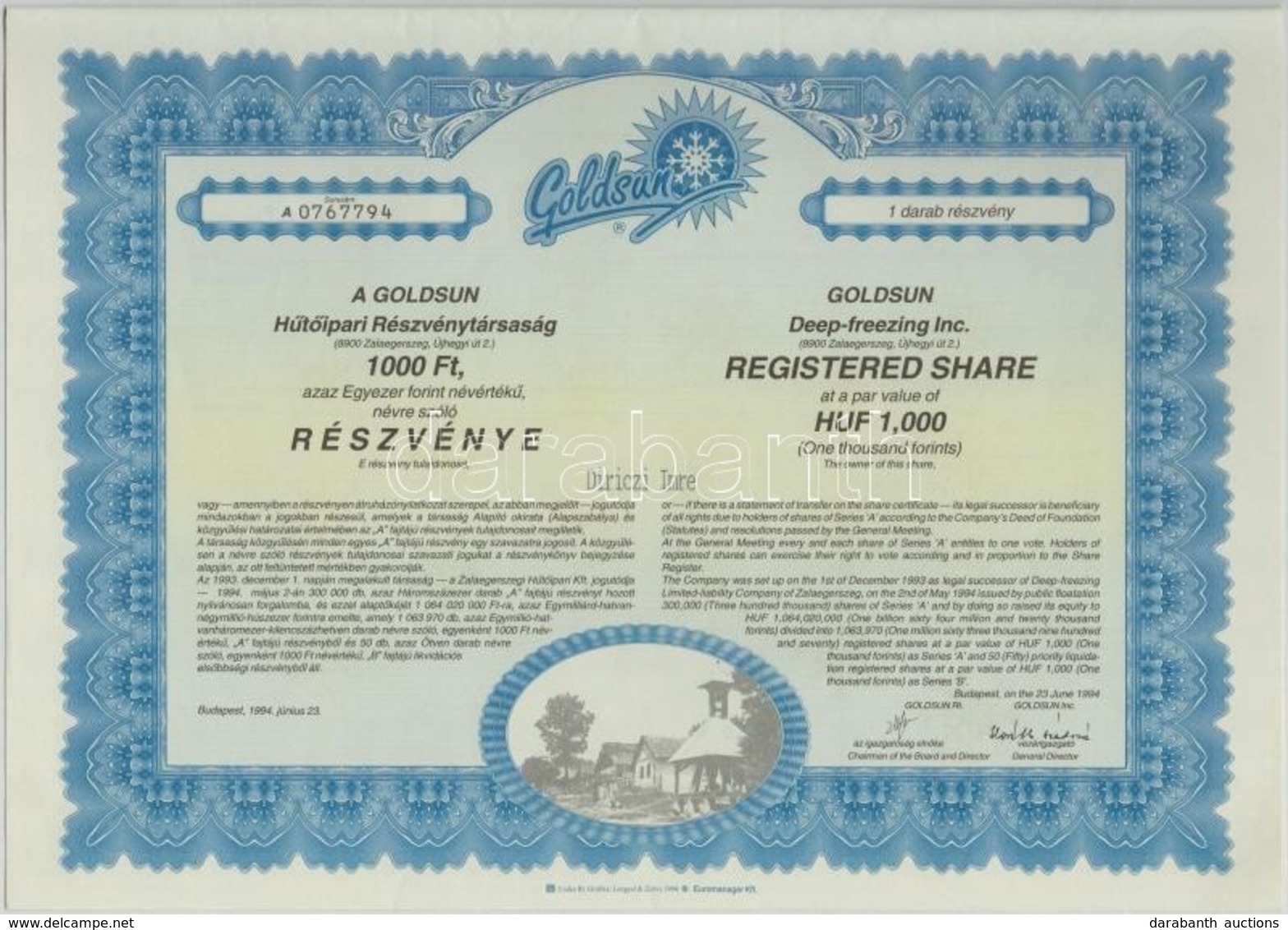 Budapest 1994. 'Goldsun Hűtőipari Részvénytársaság' Névre Szóló Részvénye 1000Ft-ról (2x) Sorszámkövetők, Szelvényekkel  - Zonder Classificatie