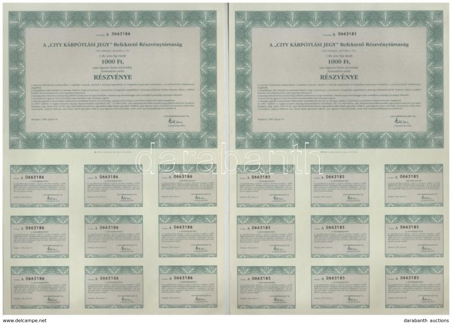 Budapest 1996. 'A City Kárpótlási Jegy Befektető Részvénytársaság' 1000Ft értékű Részvénye, Szelvényekkel (2x) Sorszámkö - Zonder Classificatie