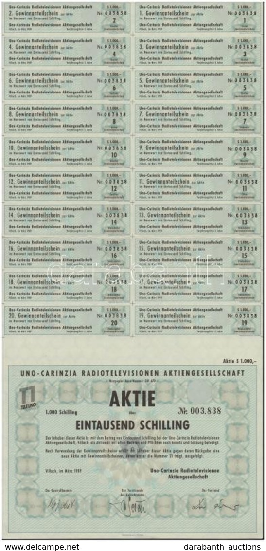 Ausztria / Villach 1989. 'Uno-Carinzia Radiotelevisionen Aktiengesellschaft' Részvény 1000Sch-ről, Szelvényekkel T:I-
Au - Zonder Classificatie