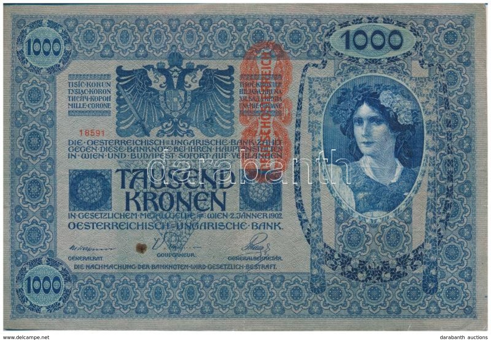 1902. 1000K Piros 'Deutschösterreich' Felülbélyegzéssel, Mindkét Oldala Német T:III - Zonder Classificatie