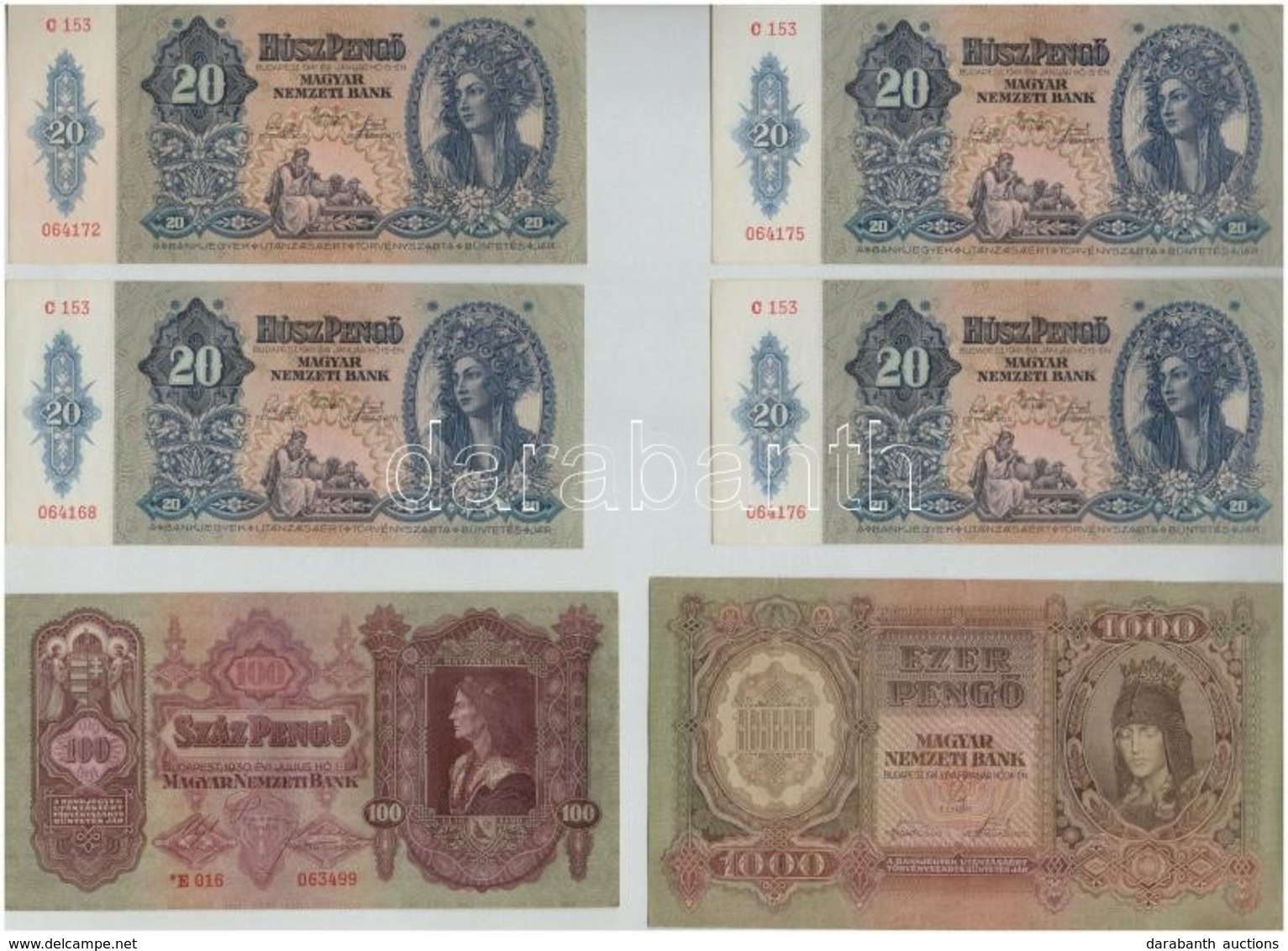 1930. 100P + 1941. 20P (4x) 1 Db Sorszámkövető Pár, Mind A Négy Közeli Sorszám + 1943. 1000P T:-I-III - Non Classificati